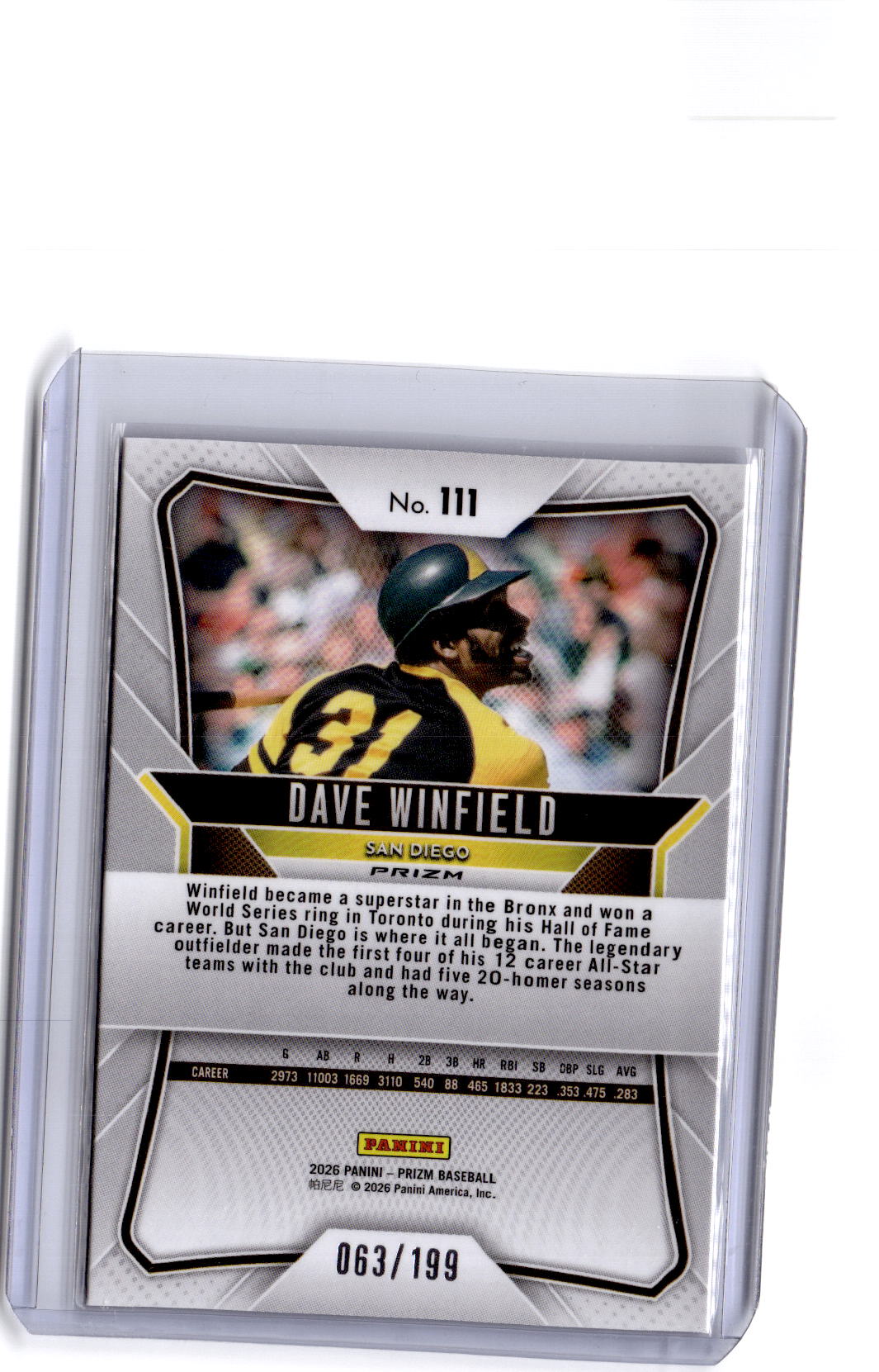 2026 Panini Prizm #111 Dave Winfield Blue Prizm #/199