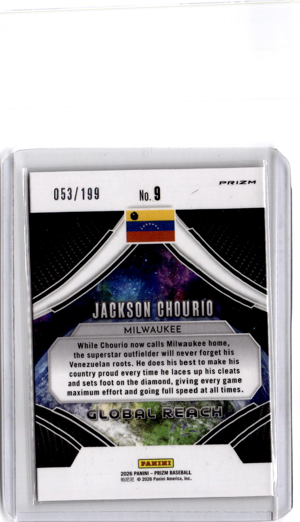2026 Panini Prizm #9 Jackson Chourio Global Reach Red Prizm #/199
