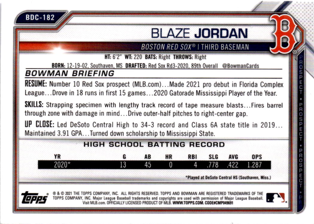 2021 Bowman Draft Sapphire Edition #BDC-182 Blaze Jordan