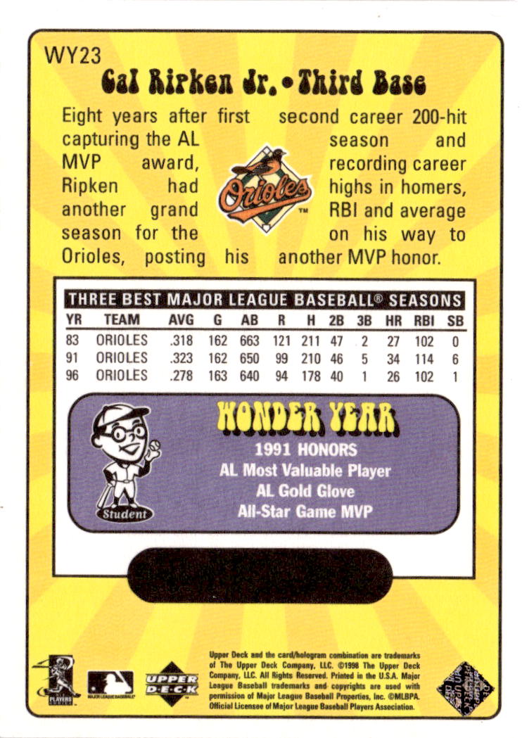 1999 Upper Deck #WY23 Cal Ripken Jr. Wonder Years