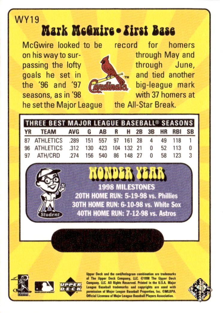 1999 Upper Deck #WY19 Mark McGwire Wonder Years