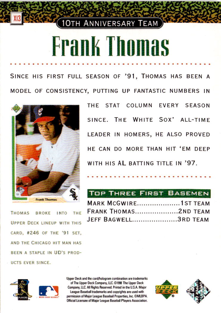 1999 Upper Deck #X13 Frank Thomas 10th Anniversary Team