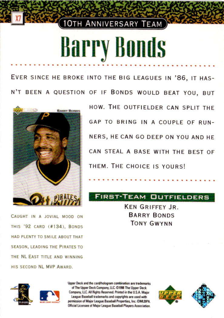 1999 Upper Deck #X7 Barry Bonds 10th Anniversary Team