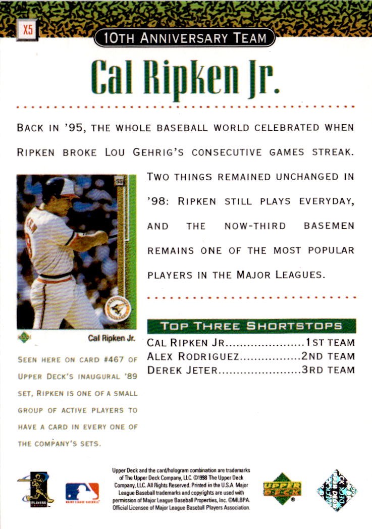 1999 Upper Deck #X5 Cal Ripken Jr. 10th Anniversary Team