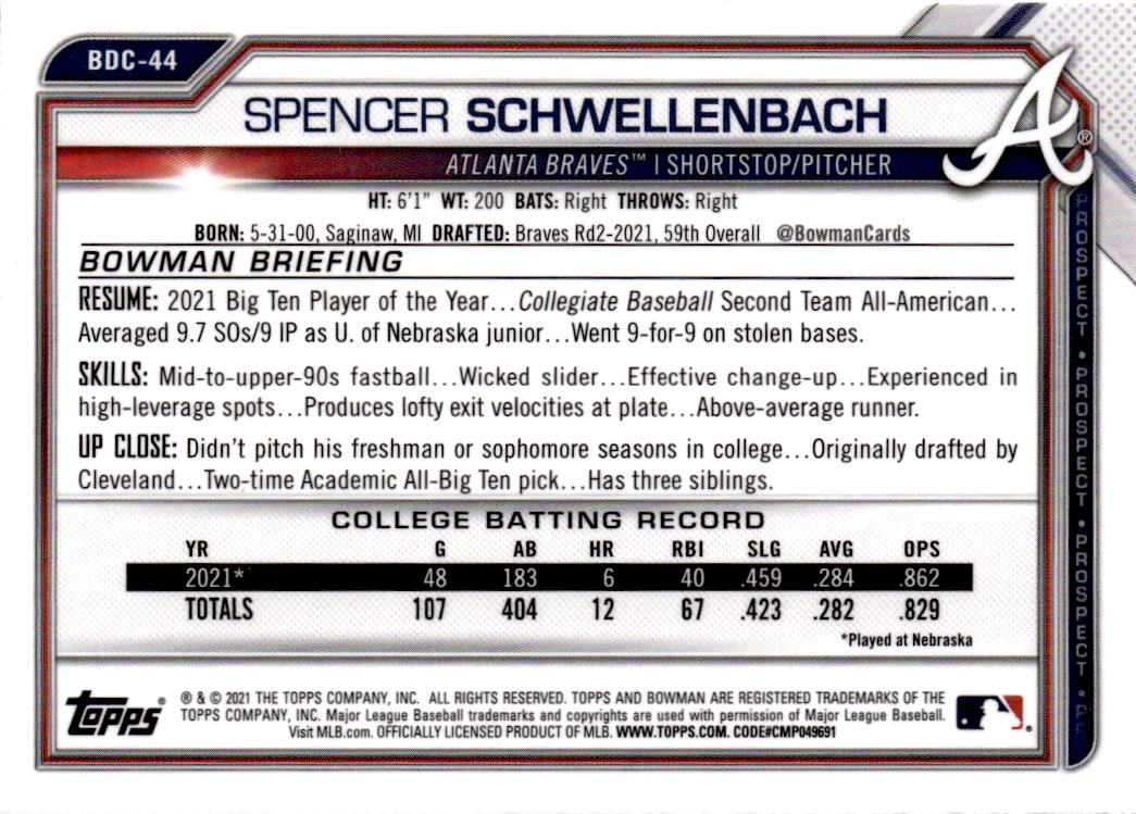 2021 Bowman Draft Sapphire Edition #BDC-44 Spencer Schwellenbach
