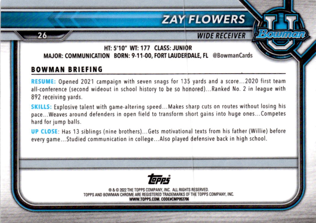 2021-22 Bowman University #26 Zay Flowers Chrome Refractors