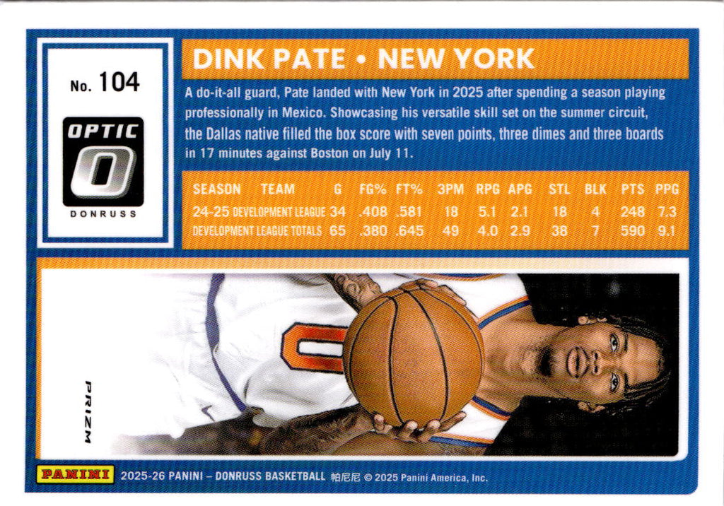2025-26 Donruss #104 Dink Pate Optic Holo