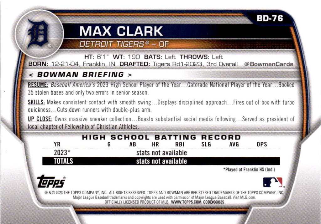 2023 Bowman Draft #BD-76 Max Clark