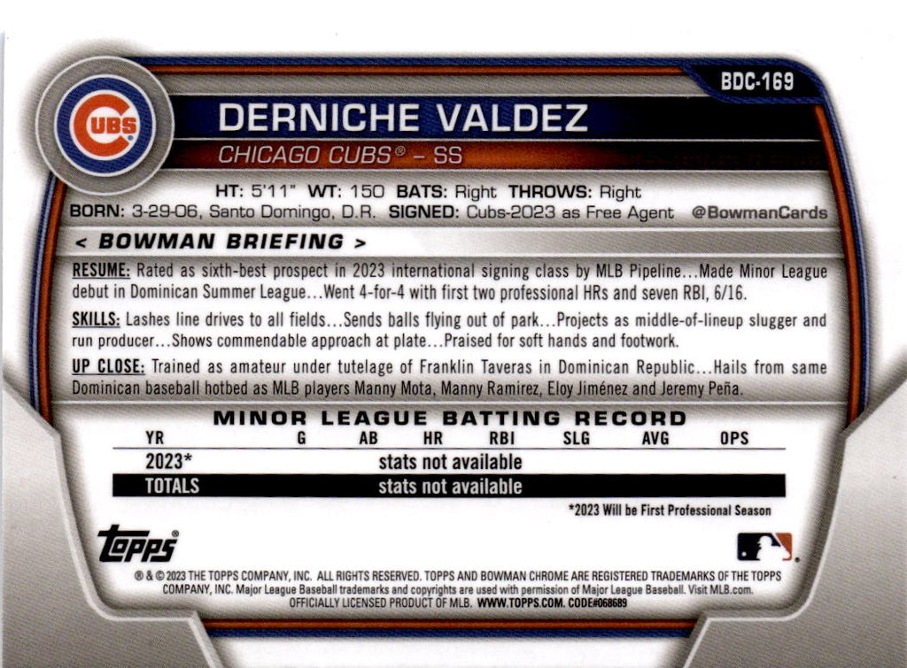 2023 Bowman Draft #BD-169 Derniche Valdez Sky Blue #/499