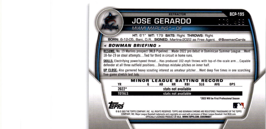 2023 Bowman Chrome #BCP-195 Jose Gerardo Prospects Refractor #/499