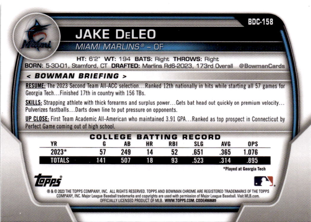 2023 Bowman Draft #BDC-158 Jake DeLeo Chrome Sparkle Refractor