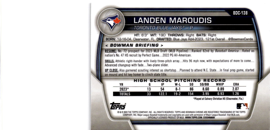 2023 Bowman Draft #BDC-138 Landen Maroudis Chrome Fuchsia Lunar Refractor #/199