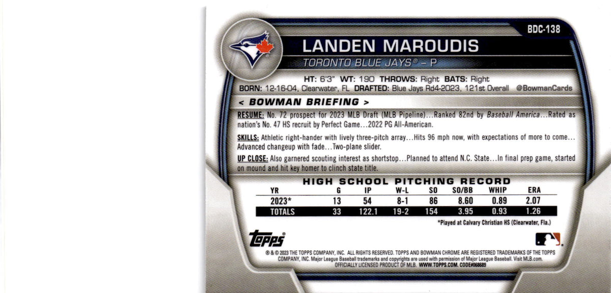 2023 Bowman Draft #BDC-138 Landen Maroudis Chrome Fuchsia Lunar Refractor #/199
