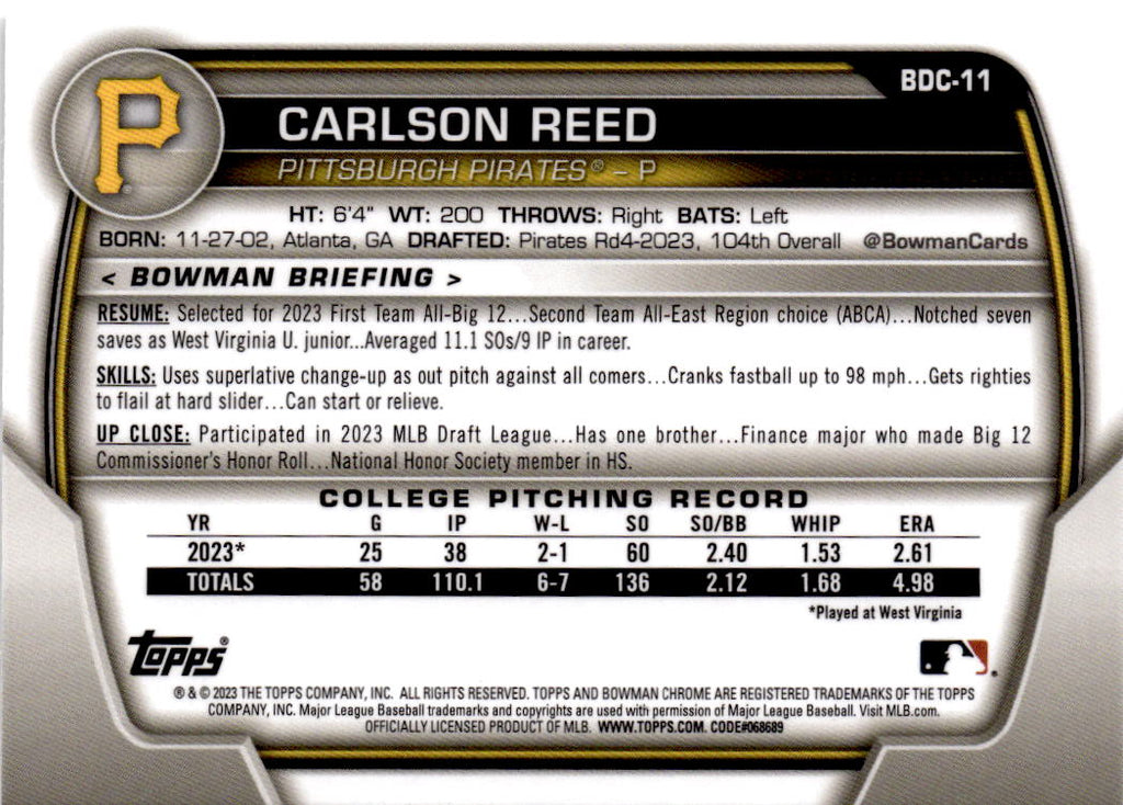 2023 Bowman Draft #BDC-11 Carlson Reed Chrome Lunar Glow Refractor