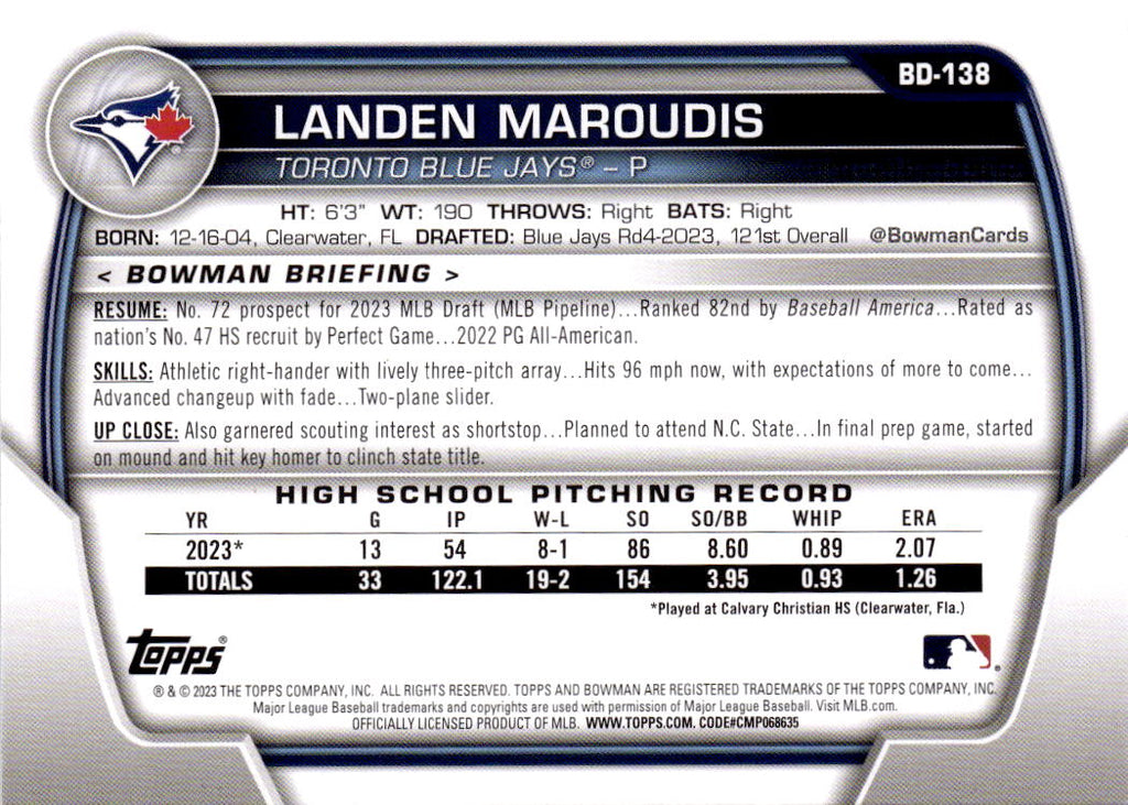 2023 Bowman Draft #BD-138 Landen Maroudis Sky Blue #/499