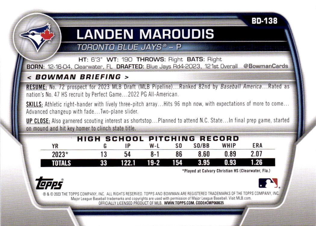 2023 Bowman Draft #BD-138 Landen Maroudis Sky Blue #/499