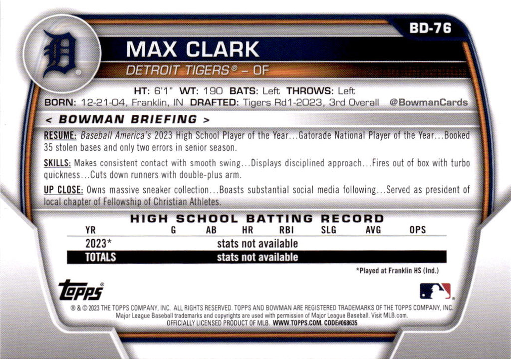 2023 Bowman Draft #BD-76 Max Clark