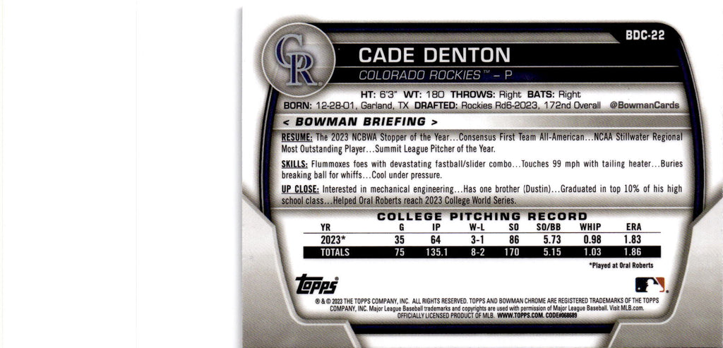 2023 Bowman Draft #BDC-22 Cade Denton Chrome Fuchsia Lunar Refractor #/199