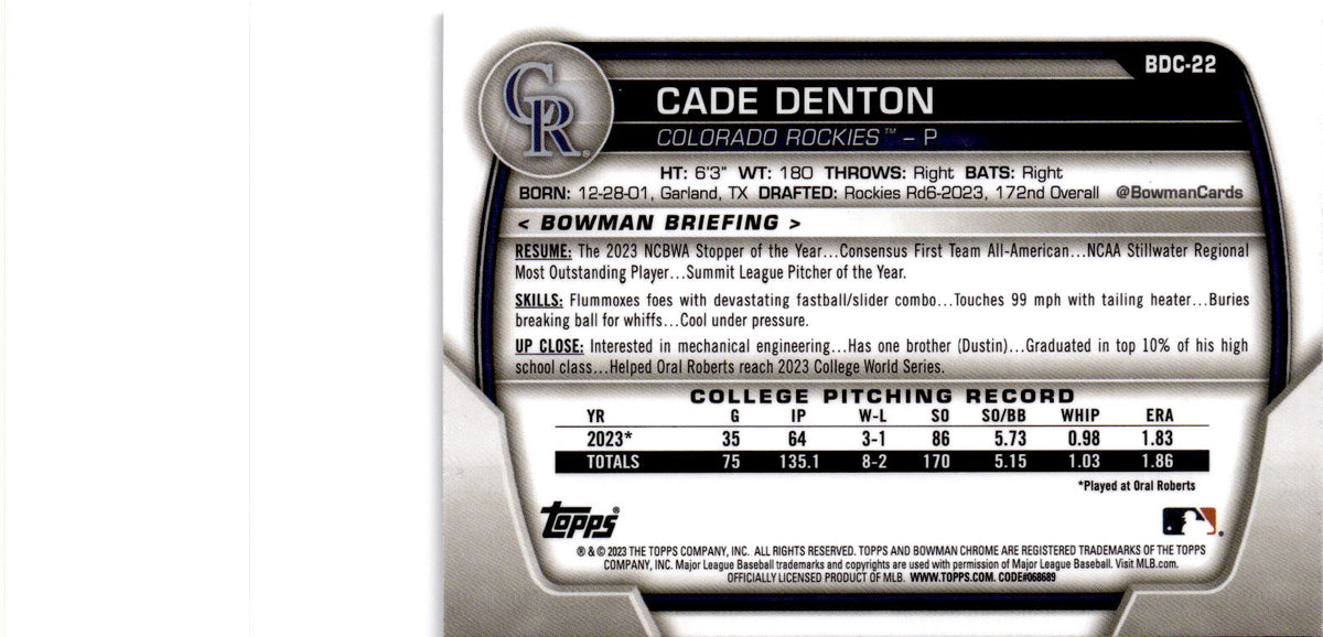 2023 Bowman Draft #BDC-22 Cade Denton Chrome Fuchsia Lunar Refractor #/199