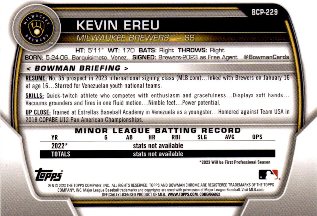 2023 Bowman Chrome #BCP-229 Kevin Ereu Prospects Mojo Refractor