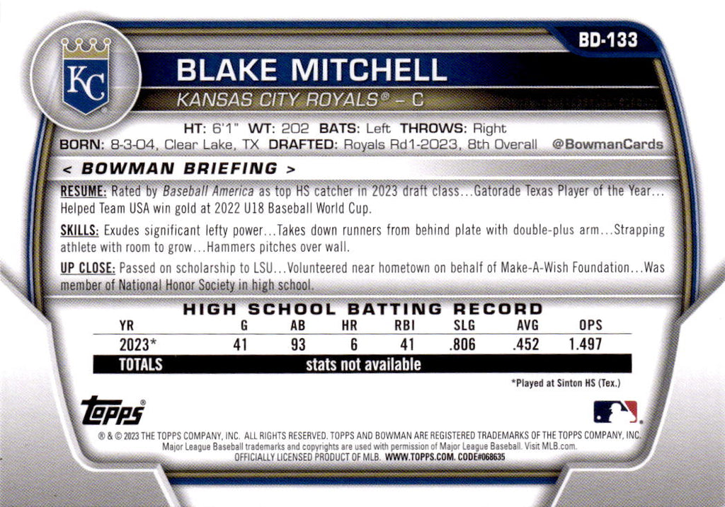 2023 Bowman Draft #BD-133 Blake Mitchell
