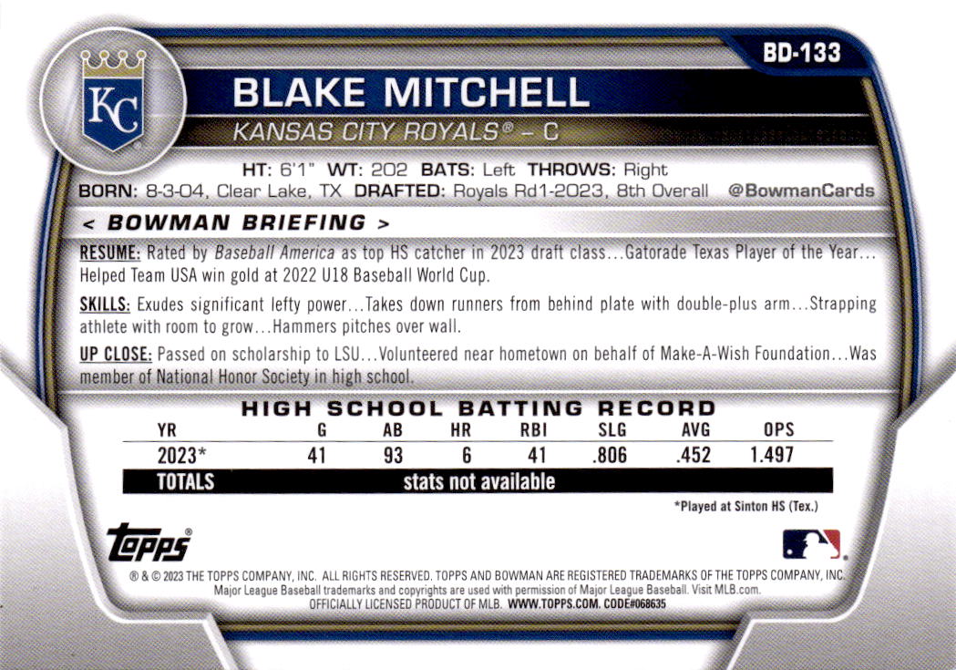 2023 Bowman Draft #BD-133 Blake Mitchell
