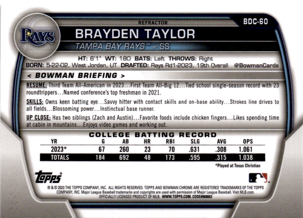 2023 Bowman Draft #BDC-60 Brayden Taylor Chrome Refractor