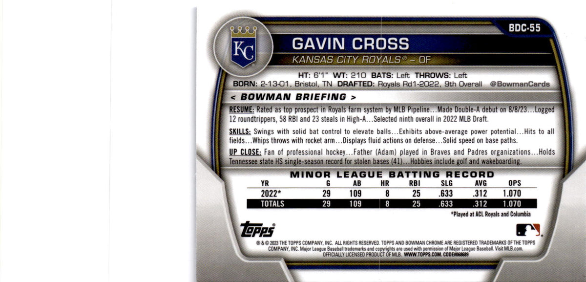 2023 Bowman Draft #BDC-55 Gavin Cross Chrome Blue Refractor #/150