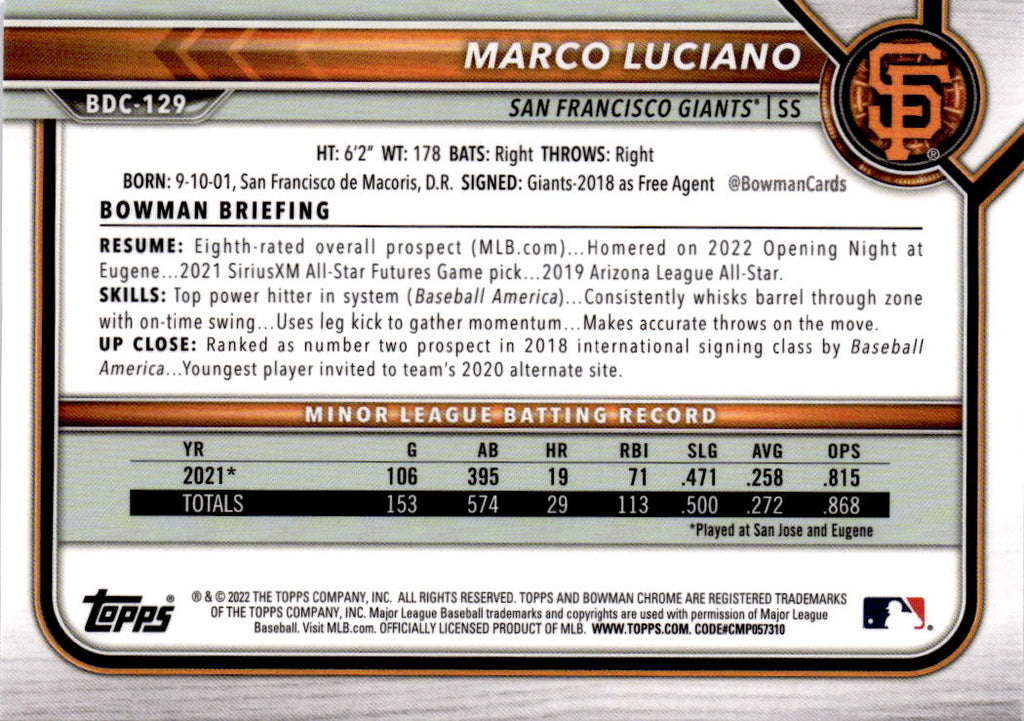 2022 Bowman Draft #BDC-129 Marco Luciano Chrome Sky Blue Refractor