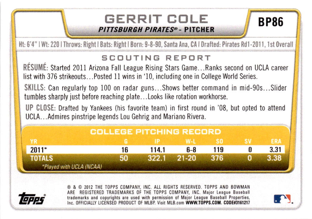 2012 Bowman #BP86 Gerrit Cole Prospects Purple