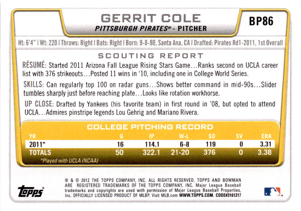 2012 Bowman #BP86 Gerrit Cole Prospects Purple
