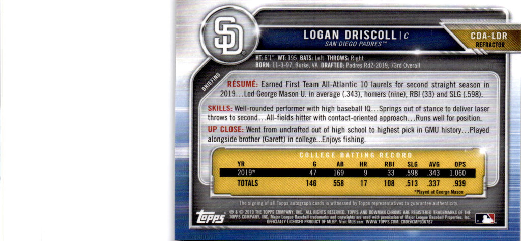 2019 Bowman Draft Logan Driscoll Chrome Draft Pick Autographs Refractors/499