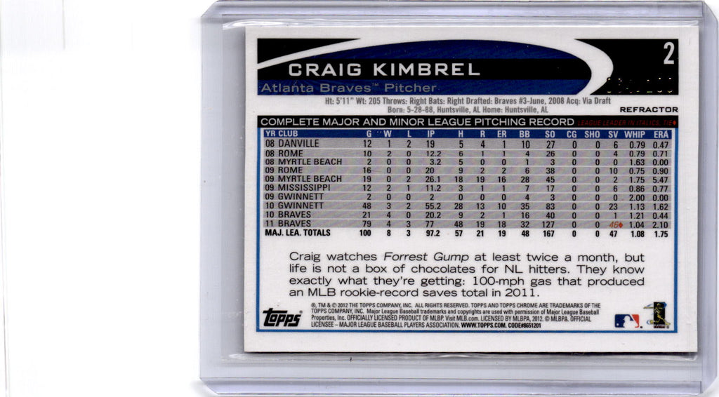 2012 Topps Chrome #2 Craig Kimbrel Black Refractors #/100