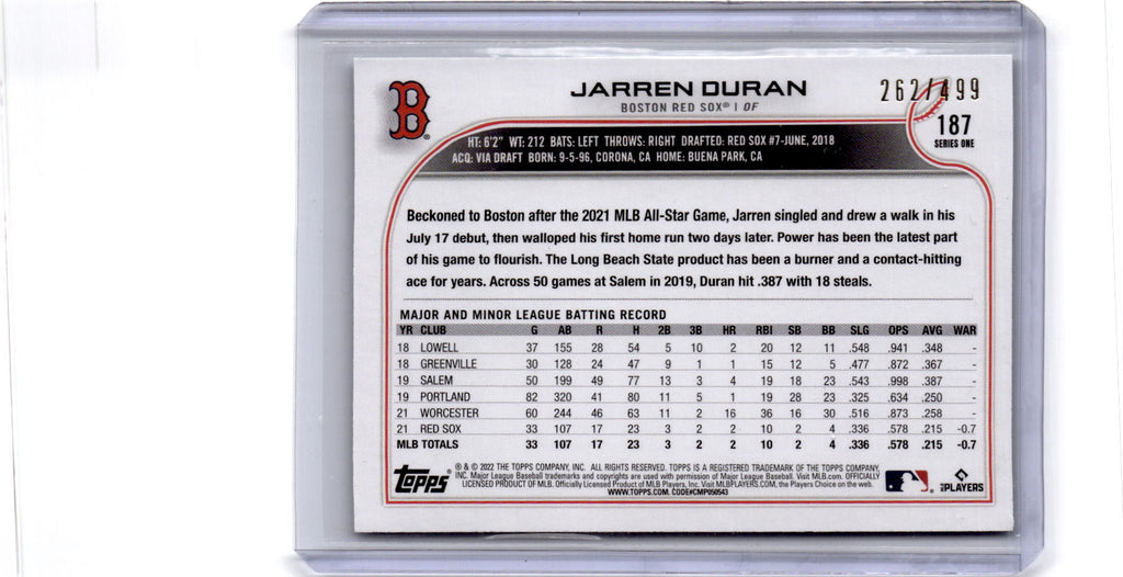 2022 Topps #187 Jarren Duran Green Foilboard #/499