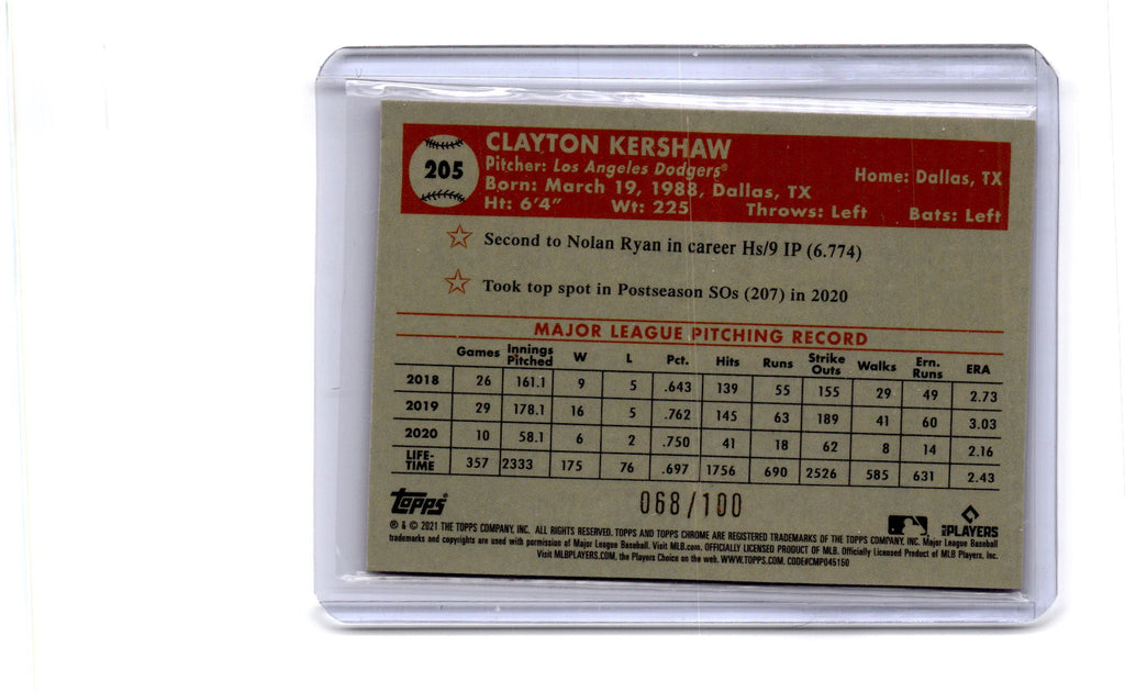 2021 Topps Chrome Platinum Anniversary Clayton Kershaw Red Atomic #/100