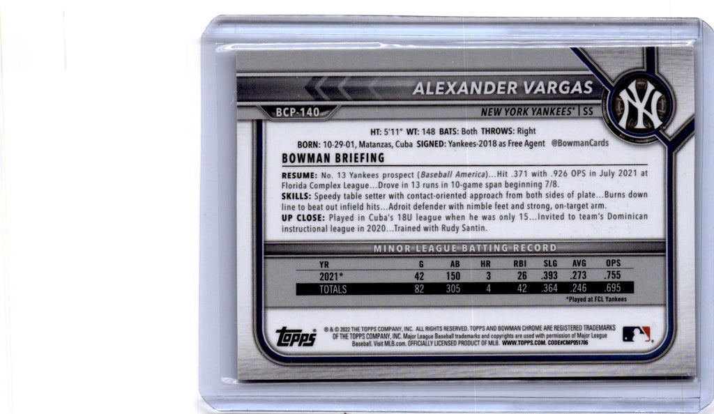2022 Bowman #BCP-140 Alexander Vargas Chrome Prospects Gold Refractors #/50