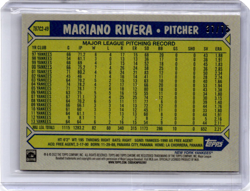2022 Topps  Mariano Rivera 1987 Topps 35th Anniversary Chrome Purple #/75