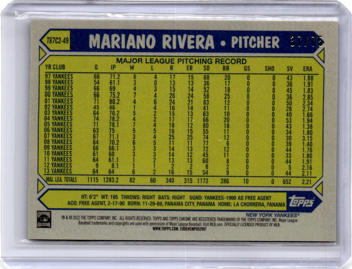 2022 Topps  Mariano Rivera 1987 Topps 35th Anniversary Chrome Purple #/75