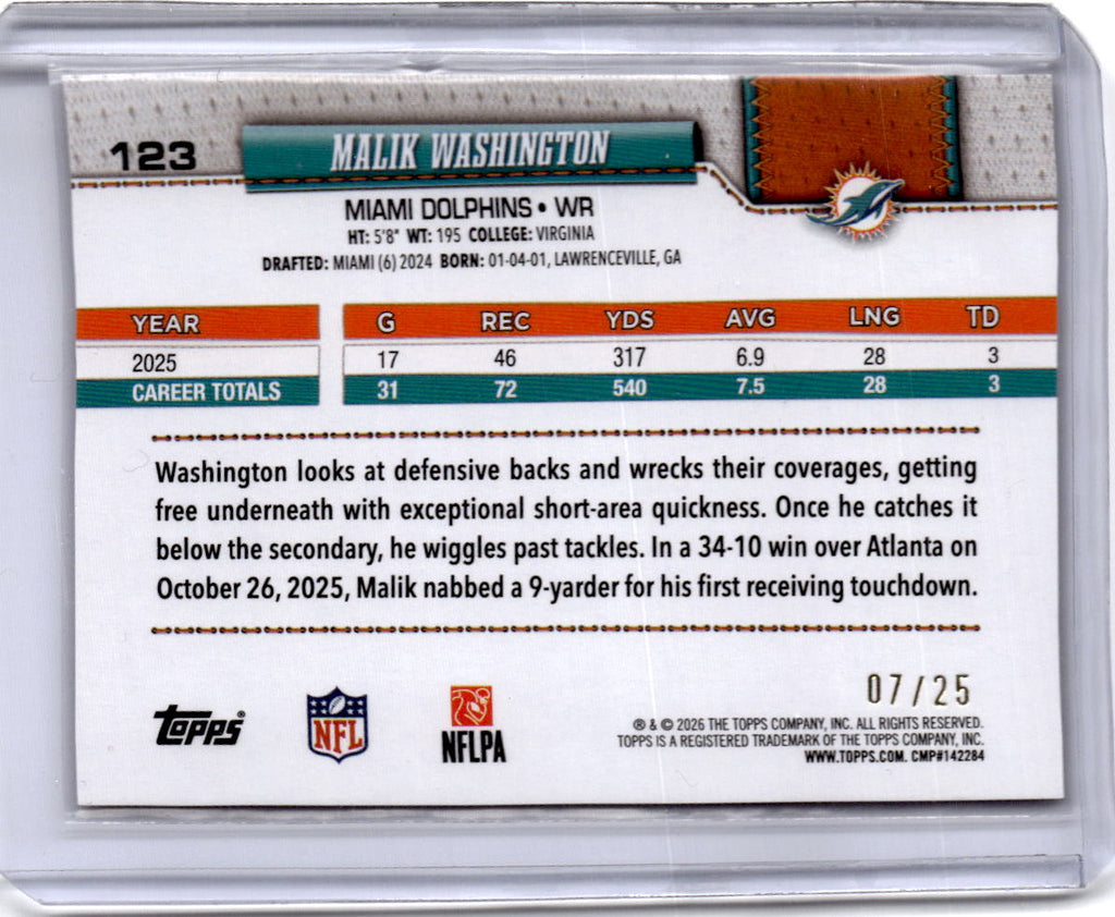 2026 Topps Flagship #123 Malik Washington Orange Sandglitter #/25