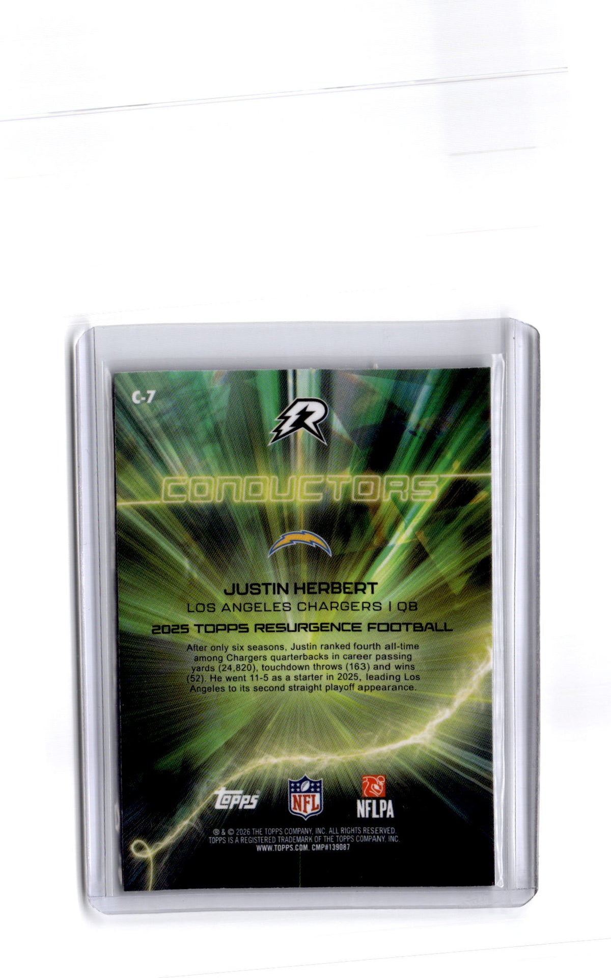 2025 Topps Resurgence #C-7 Justin Herbert Conductors Blue Surge Refractor #/99