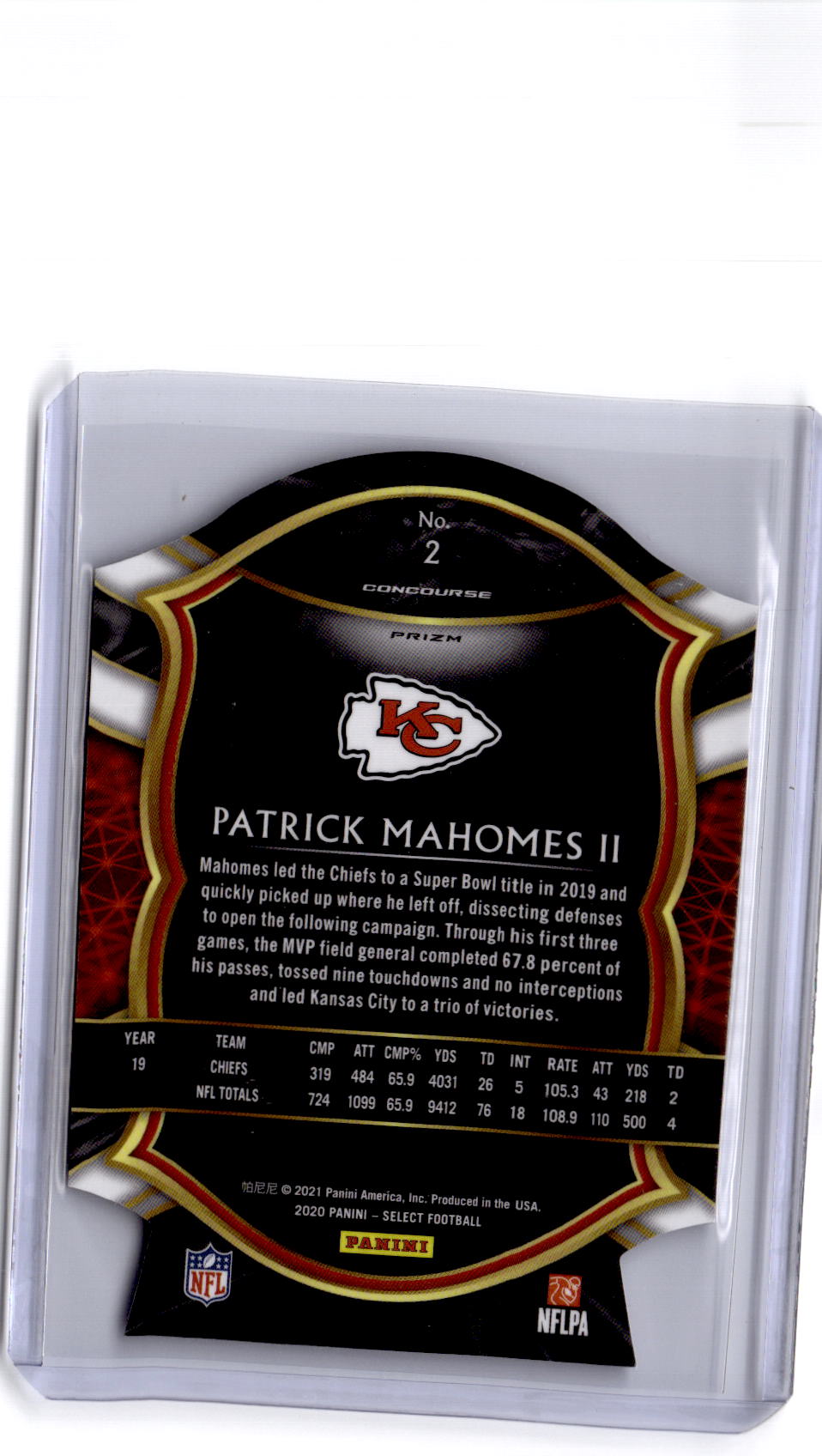 2020 Panini Select #2 Patrick Mahomes II Purple Prizm Die Cut