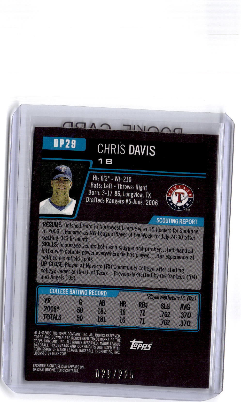 2006 Bowman Draft Picks & Prospects #DP29 Chris Davis Draft Picks White #/225