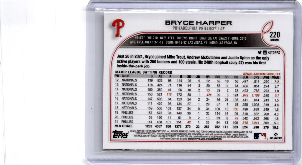 2022 Topps Chrome #220 Bryce Harper Sepia Refractor