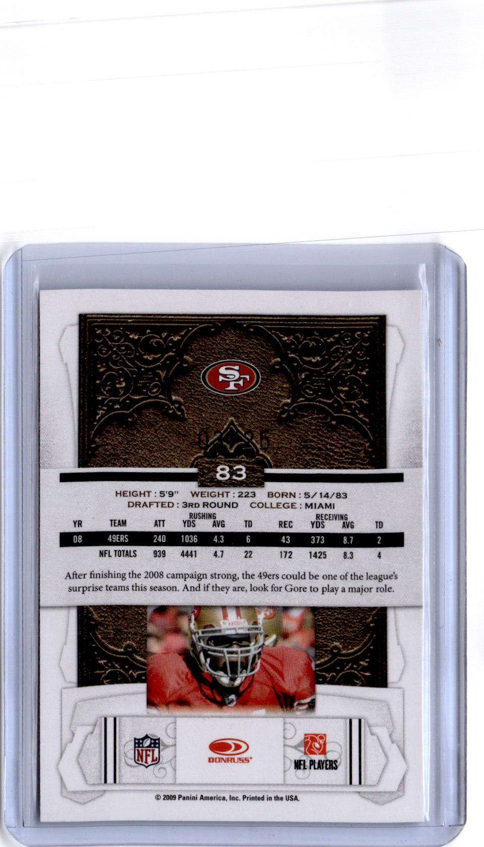 2009 Donruss Classics #83 Frank Gore Timeless Tributes Platinum #/25