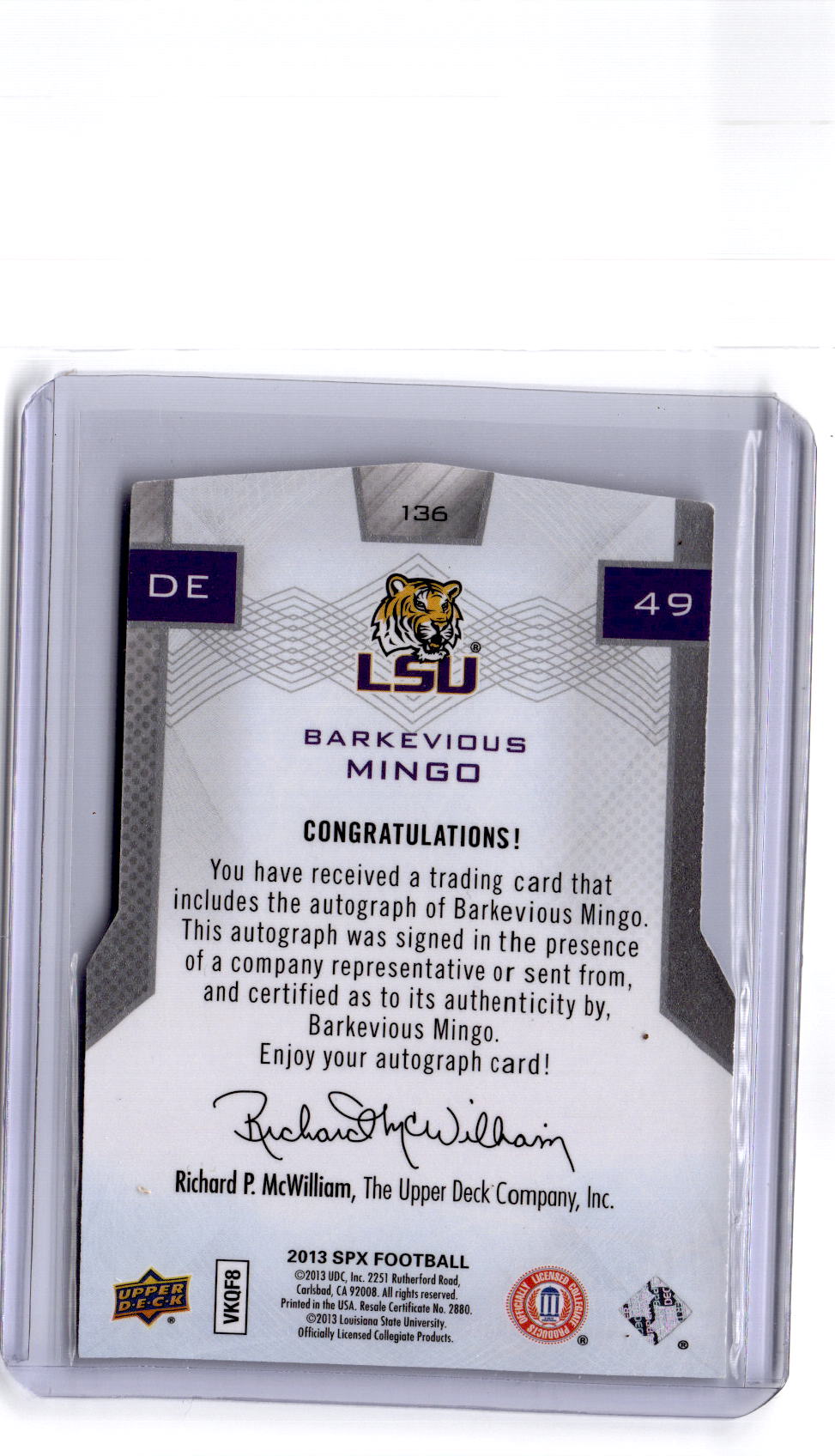 2013 SPx #136 Barkevious Mingo Rookie Die Cut Autographs #/25 LSU
