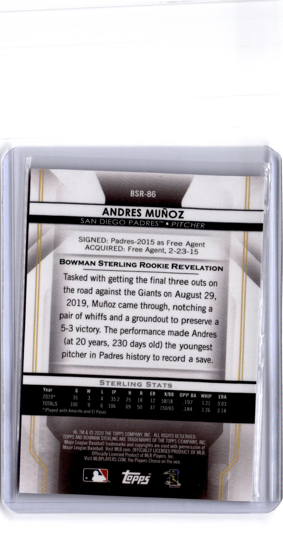 2020 Bowman Sterling #BSR-86 Andres Muñoz Gold #/50