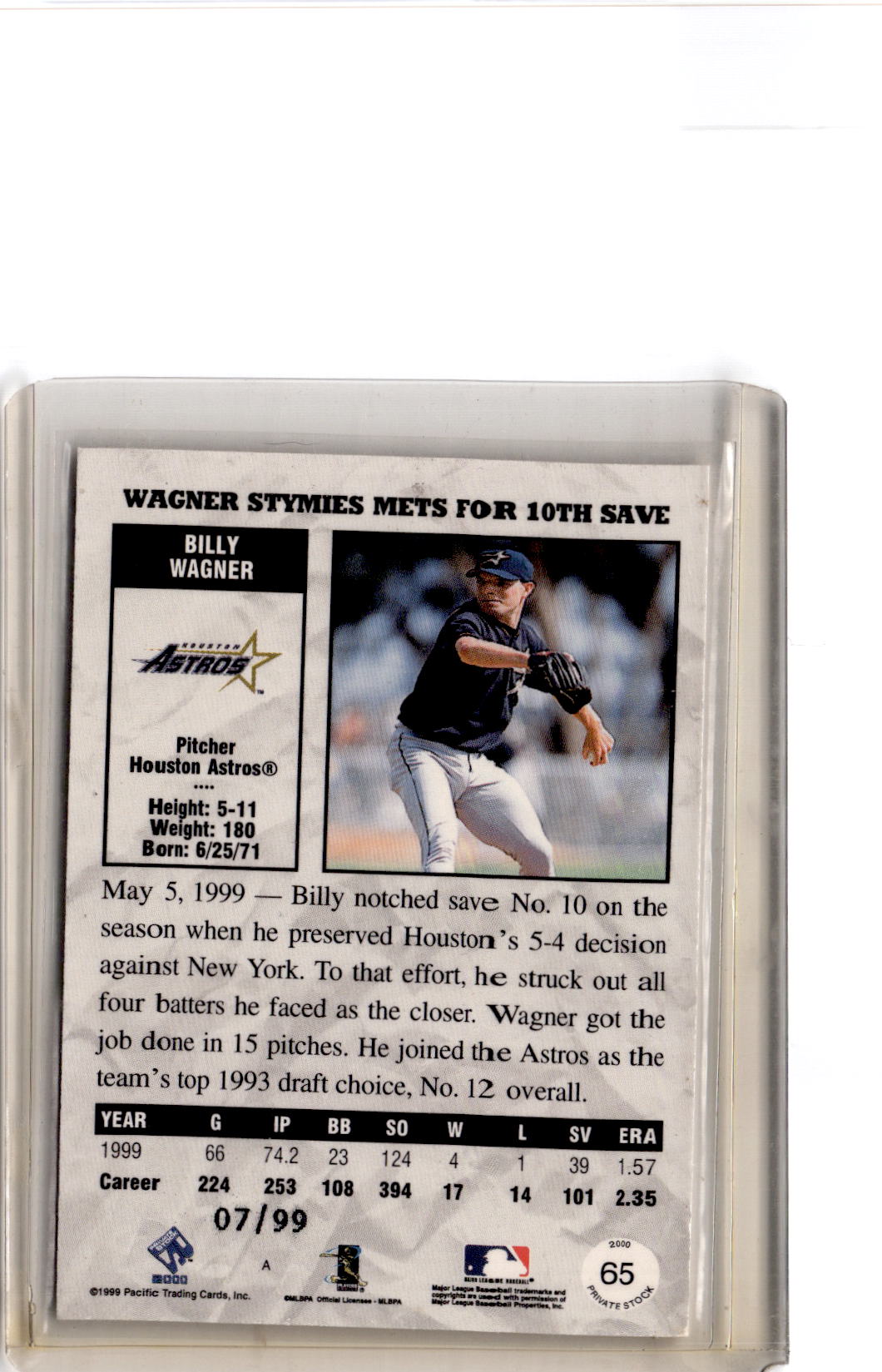 2000 Pacific Private Stock #65 Billy Wagner Gold Portraits #/99