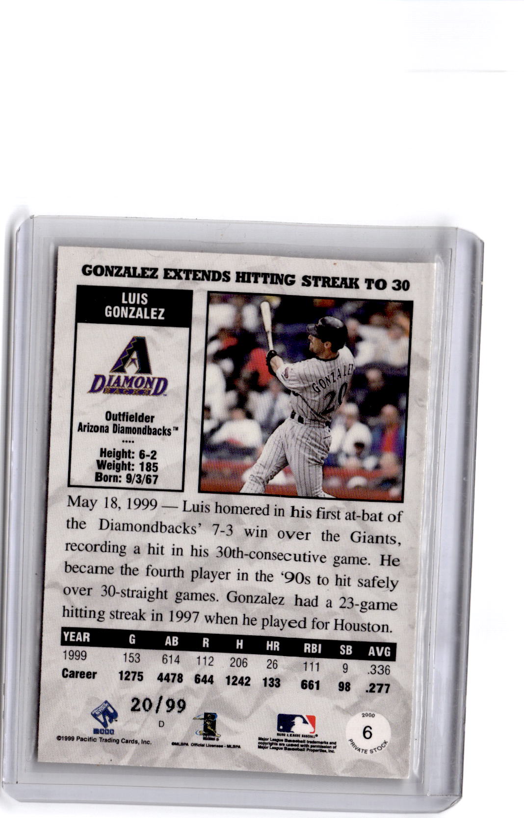 2000 Pacific Private Stock #6 Luis Gonzalez Gold Portraits #/99