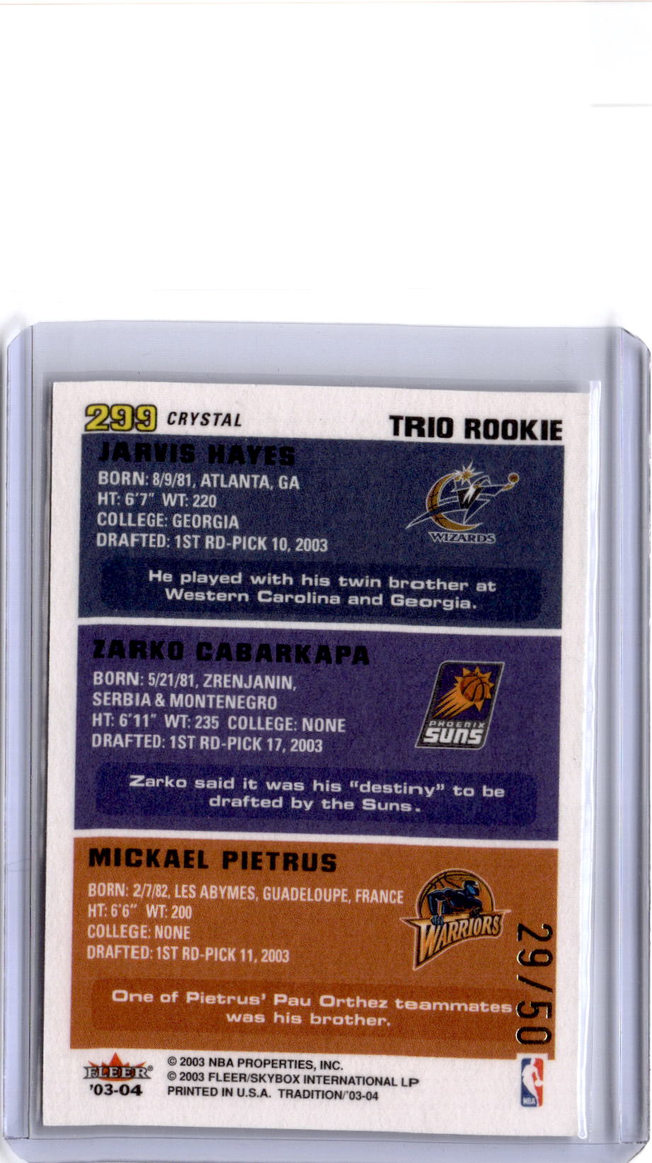 2003-04 Fleer Tradition Mickael Pietrus / Cabarkapa / Jarvis Hayes Crystal /50