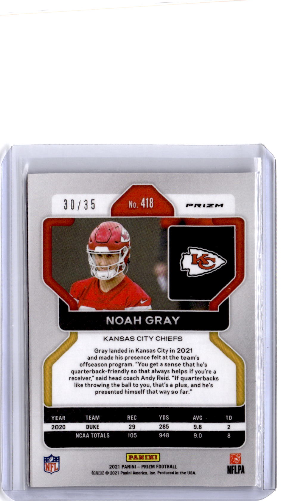 2021 Panini Prizm #418 Noah Gray No Huddle Purple #/35
